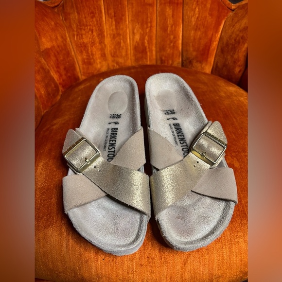 Birkenstock Shoes - Birkenstock Sandals Womens 7.5 Siena Gold Metallic Tan  Buckle Cross Strap 38​